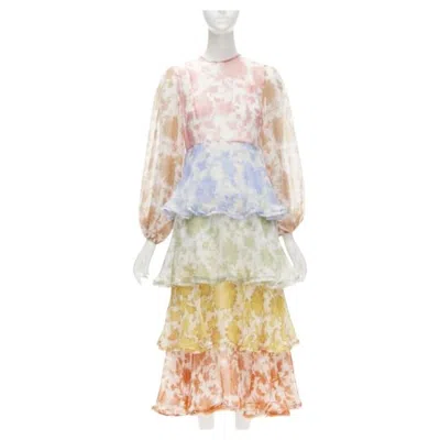 Pre-owned Zimmermann Cotton Blend White Floral Print Tiered Maxi Dress Sz 0 Xs