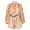 Zimmermann Cascadian Beige Tunic Dress With Stand-up Collar And All-over Leopard Print In Linen Woman In Brown