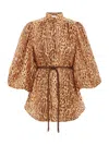 Zimmermann Cascadian Beige Tunic Dress With Stand-up Collar And All-over Leopard Print In Linen Woman In Brown