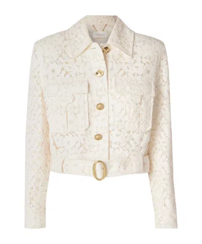 Zimmermann Illuminate Belted Cropped Cotton-blend Corded Lace Jacket In Neutral
