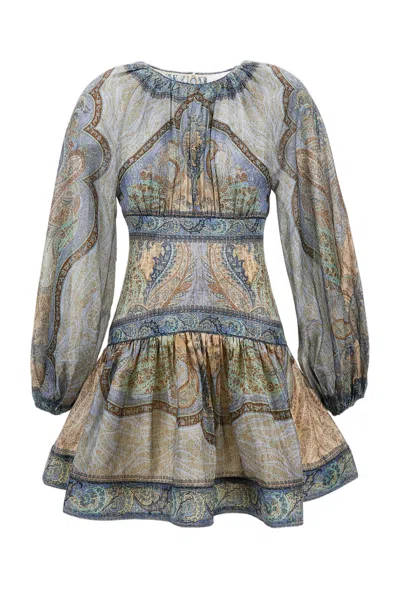 Zimmermann Cotton-silk Mini Dress With Billow Sleeves And Paisley Pattern In Blue