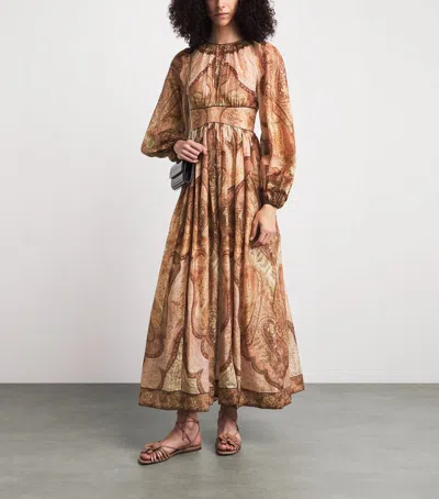 Zimmermann Cotton-silk-blend Wanderlust Maxi Dress In Brown