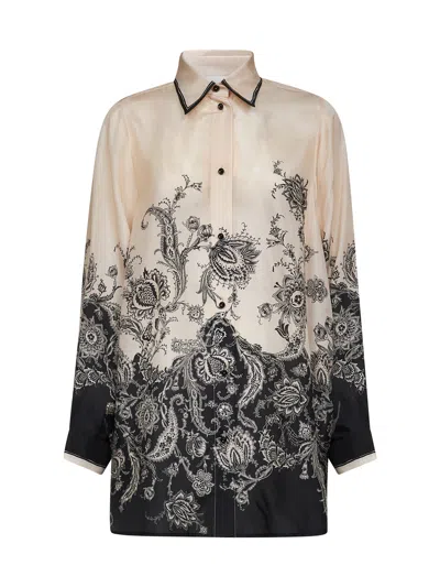 ZIMMERMANN CREAM AND BLACK FLORAL HABOTAI SILK RHIANNON SHIRT BY ZIMMERMANN