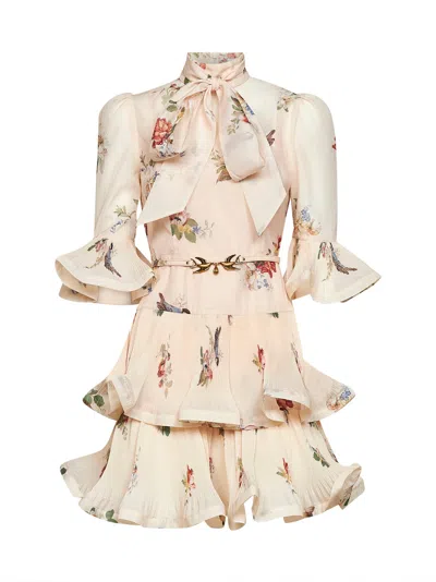 Zimmermann Cream Bird-print Chiffon Pleated Mini Dress