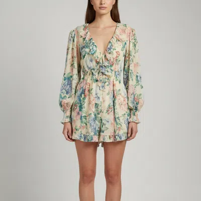 Pre-owned Zimmermann Cream Floral Print Chiffon Ruffled Playsuit M In White