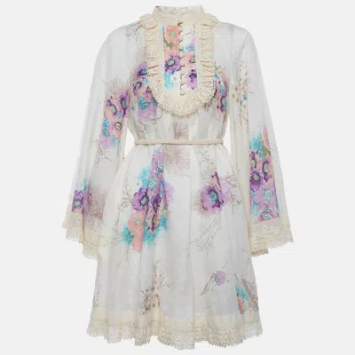 Pre-owned Zimmermann Cream Floral Print Lace Trim Jude Swing Dress M In White