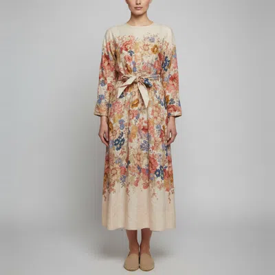 Pre-owned Zimmermann Cream Floral Print Linen August Tie Midi Dress L In White