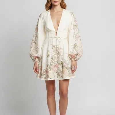 Pre-owned Zimmermann Cream Floral Print Linen Waverly Plunge Mini Dress M