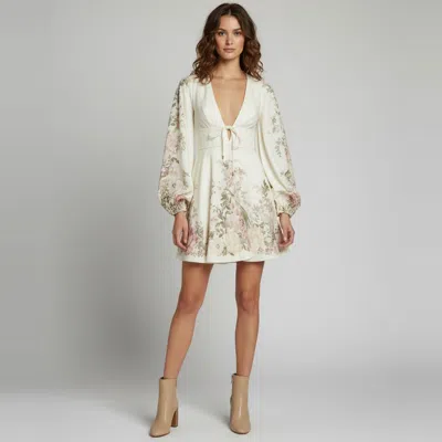Pre-owned Zimmermann Cream Floral Print Linen Waverly Plunge Mini Dress S In White