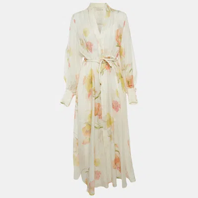 Pre-owned Zimmermann Cream Floral Print Tranquility Linen Shacket Maxi Dress M In White