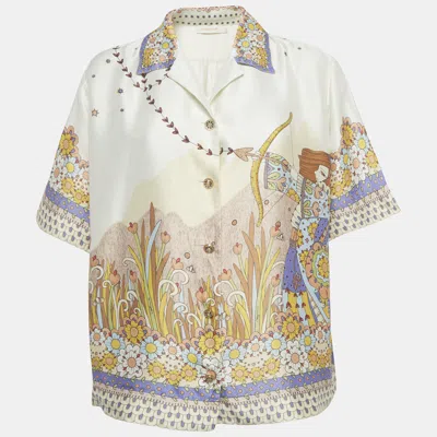 Pre-owned Zimmermann Cream Graphic-print Silk Short-sleeve Shirt M In White