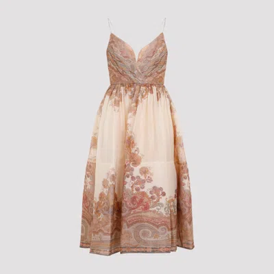 Zimmermann Cream Illustration Draped Linen Midi Dress In Multicolour