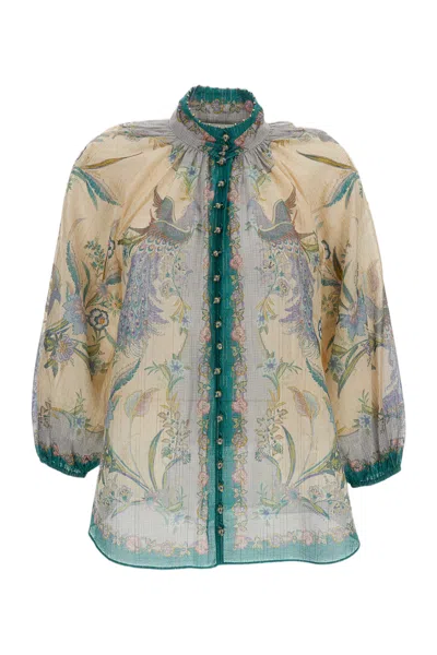 Zimmermann Cream Indra Billow Floral Cotton-silk Blouse In Multi