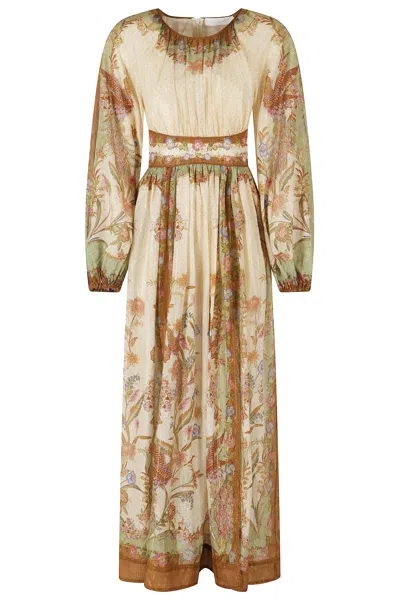 Zimmermann Cream Khaki Indra Waisted Floral Metallic Cotton Maxi Dress In Multi