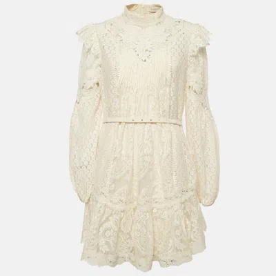Pre-owned Zimmermann Cream Lace Concert Textured Mini Dress L In White