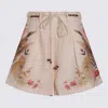 Zimmermann Floral Print Linen Shorts With Removable Waist Strap And Side Pockets In Neutral
