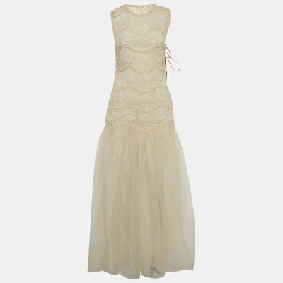 Pre-owned Zimmermann Cream Organza Illuminate Macrame Tulle Maxi Dress M In Sand