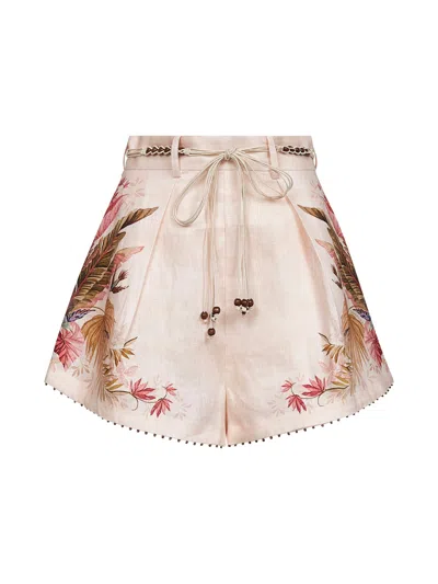 Zimmermann Cream Palm Floral Print Linen Ascension Shorts In Neutral