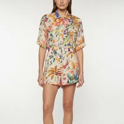 Pre-owned Zimmermann Cream Tropical Floral Print Linen Button Up Playsuit M In White