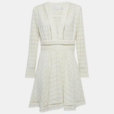 Pre-owned Zimmermann Cream Zephyr Broderie Cotton Plunge Neckline Mini Dress L In White
