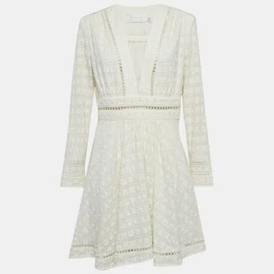 Zimmermann Cream Zephyr Broderie Cotton Plunge Neckline Mini Dress In White