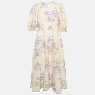 Pre-owned Zimmermann Cream/purple Floral Print Linen Puff Sleeve Midi Dress L