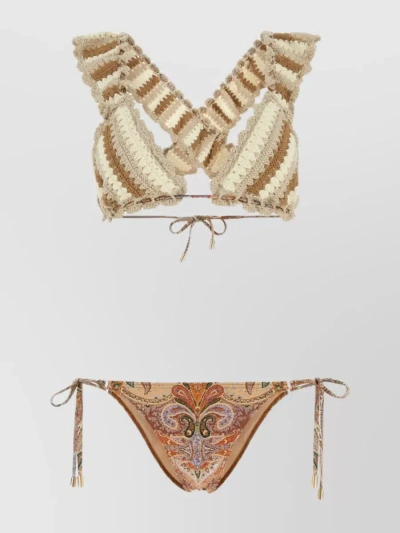Zimmermann Crochet Bikini With Paisley Print And Fringe Detailing In Cream