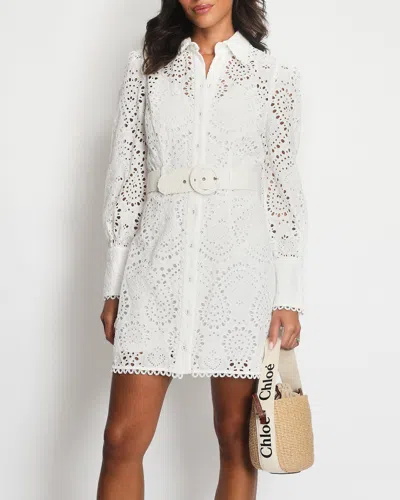 Zimmermann Crochet Long-sleeve Mini Dress With Belt Detail In White