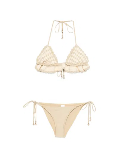 Zimmermann Crochet Ruffled Bikini In Neutral