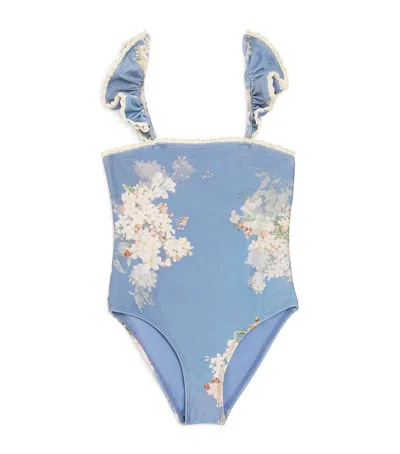 Zimmermann Kids' Crochet-trim Cascadian Frill Swimsuit In Blue