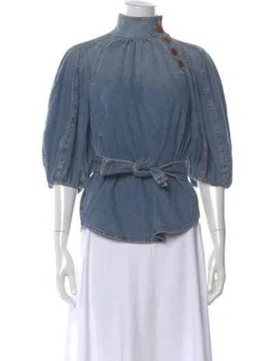 Pre-owned Zimmermann Crocodile Short Sleeve Blouse In Blue