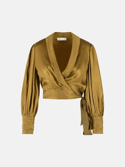 Zimmermann 'crop Wrap' Olive Silk Blouse In Green