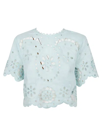 Zimmermann Cropped Linen Top With Scalloped Embroidery In Blue