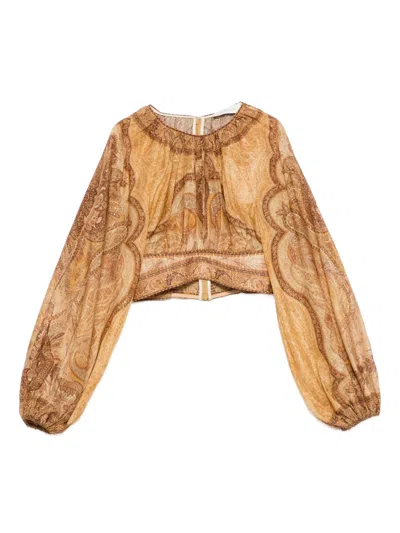 Zimmermann Cropped Mini Embroidered Top With Shirred Bodice And Boning In Giallo
