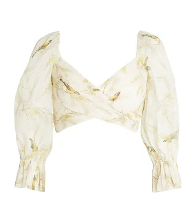 Zimmermann Acacia Birds-print Cropped Blouse In Neutrals