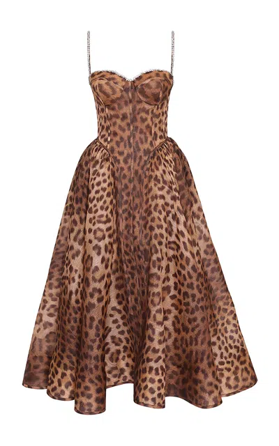 Zimmermann Crush Paneled Cheetah Print Midi Dress In Brown