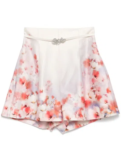 Zimmermann Crush Belted Floral-print Silk And Cotton-blend Twill Shorts In Pink