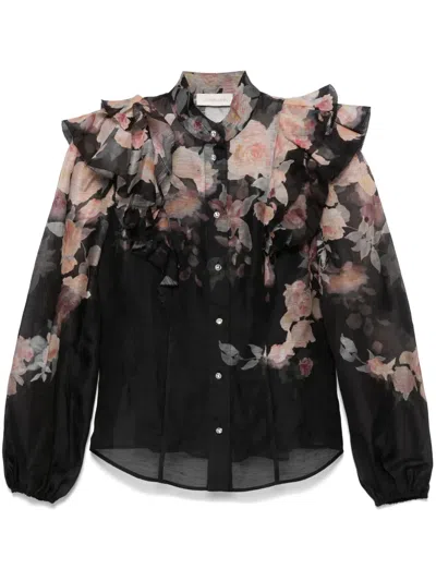 Zimmermann Crush Frill Sleeve Floral Blouse In Black