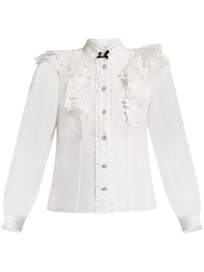 Zimmermann Crush Crystal-embellished Guipure Lace-trimmed Ruffled Linen And Silk-blend Organza Shirt In Cream