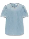 Zimmermann Crush Crystal-embellished Gathered Denim Top In Blau