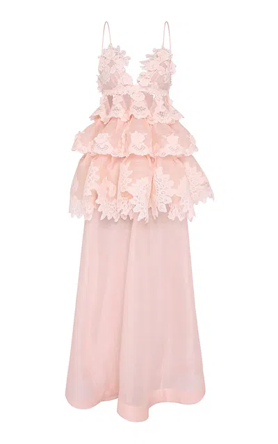 Zimmermann Crush Embroidered Linen-silk Maxi Dress In Pink