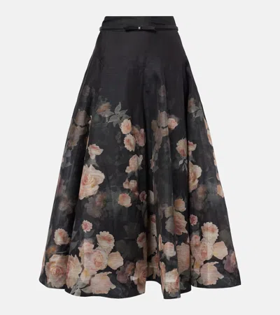 Zimmermann Crush Floral Flared Midi Skirt In Black