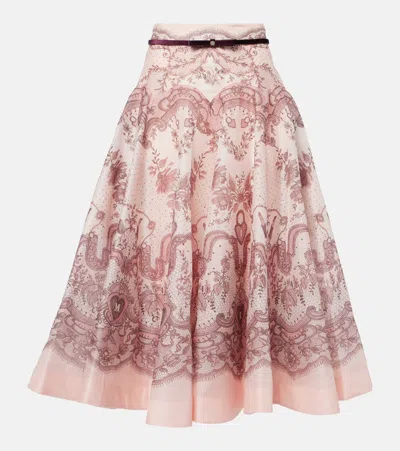 Zimmermann Belted Printed Linen And Silk-blend Gauze Midi Skirt In Pink