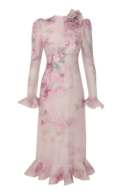 Zimmermann Crush Flower Midi Dress With Flower Brooch In Pink