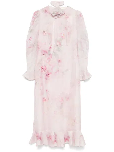Zimmermann Crush Flower Midi Dress With Flower Brooch In Pink