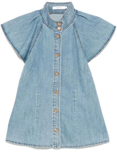 Zimmermann Crush Flutter Sleeve Denim Shirt In Blue