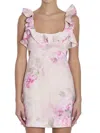 Zimmermann Crush Frill Cutout Ruffled Floral-print Linen Mini Dress In Rosa