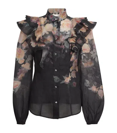 Zimmermann Crush Frill Sleeve Floral Blouse In Black