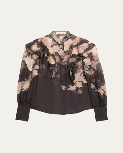 Zimmermann Crush Frill-sleeve Blouse In Black Floral