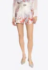Zimmermann Crush Belted Floral-print Silk And Cotton-blend Twill Shorts In Multicolor